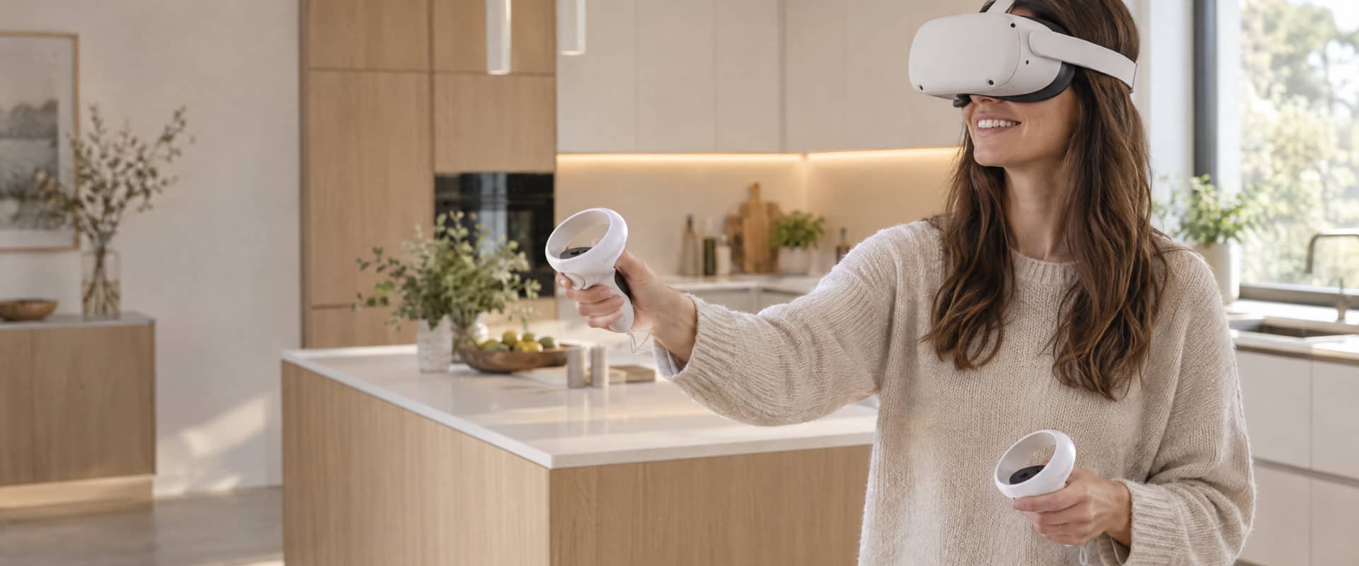 Žena s brýlemi pro virtuální realitu prochází návrh kuchyně
